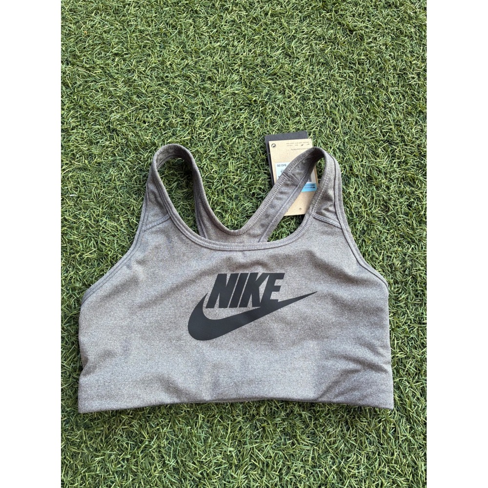 Nike Womens Medium Training‎ Sports Bra Gray Black Logo Activewear Top